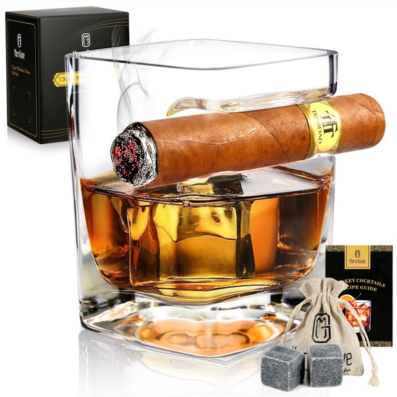 MortyGrove كأس ويسكي مورتوغروف مع حامل سيجار 12 أونصة كأس قديم الطراز مع قاعدة جانبية حاملة أكسسوارات سيجار مع أحجار ويسكي ووصفة للرجال وزوج
