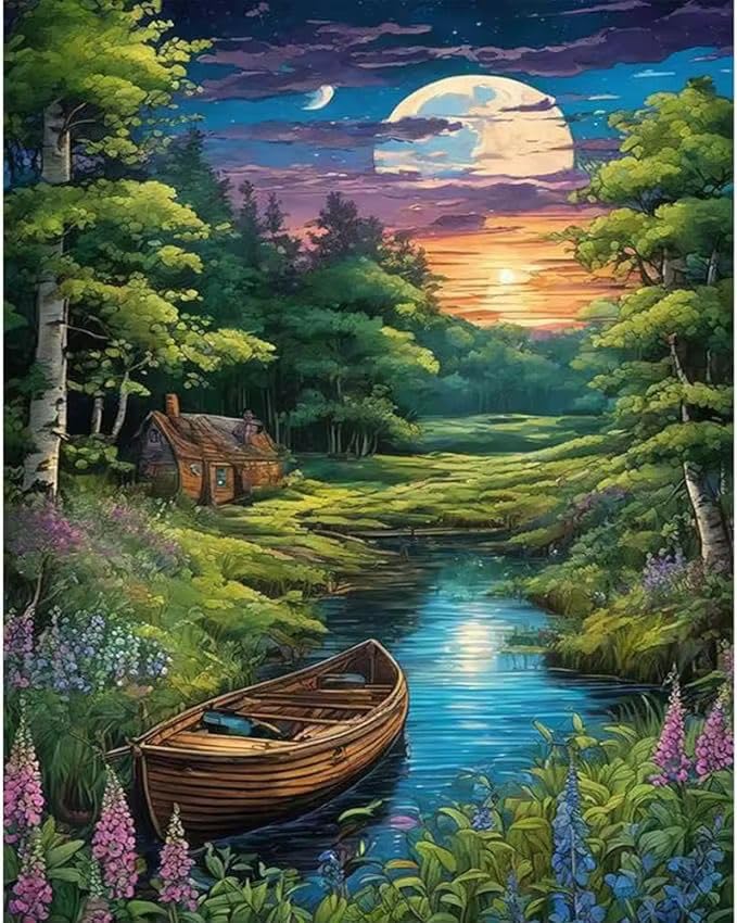 DIY Paint By Numbers Kit, Moonlit Forest Lake Scene, 40x50cm Canvas, Adult Beginner Painting Set with Brushes, Acrylic Paint, Guide