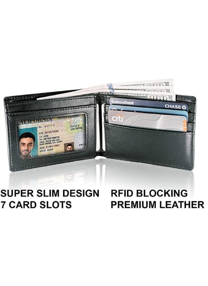 CONTACTS Men's Genuine Leather Wallet  RFID Blocking Wallet for Men Bifold Wallet  6 Card Slots, 1 ID Window Black  - Image 2