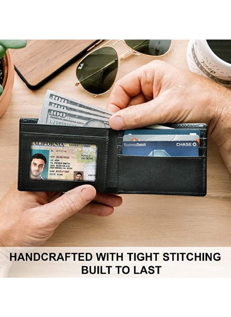CONTACTS Men's Genuine Leather Wallet  RFID Blocking Wallet for Men Bifold Wallet  6 Card Slots, 1 ID Window Black  - Image 3