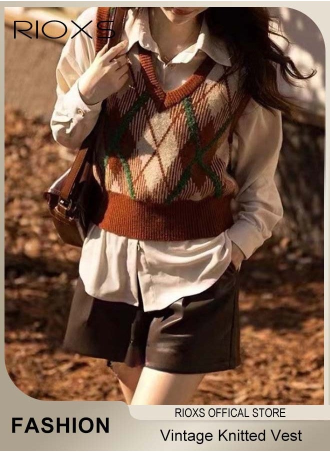 RIOXS - Women's Autumn Winter Sweater Vest Fashion Casual Plaid Knitted Wear Preppy Style V-Neck Crop Knitwear Tank Top for Girls - Image 1
