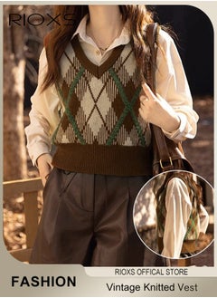 Women's Autumn Winter Sweater Vest Fashion Casual Plaid Knitted Wear Preppy Style V-Neck Crop Knitwear Tank Top for Girls