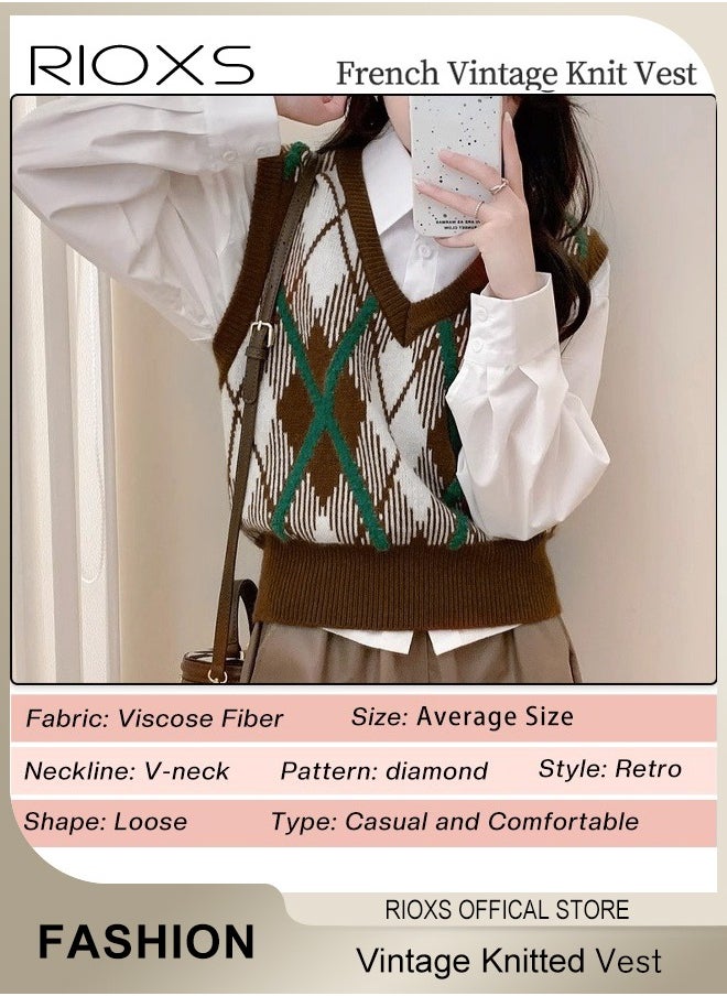 RIOXS - Women's Autumn Winter Sweater Vest Fashion Casual Plaid Knitted Wear Preppy Style V-Neck Crop Knitwear Tank Top for Girls - Image 1