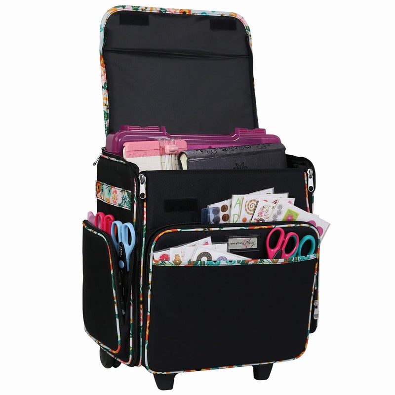 Everything Mary Rolling Scrapbook Tote Black Floral Trim Craft Bag with Wheels Storage Organizer for Scrapbooking Papercraft Art Supplies Craft Tools