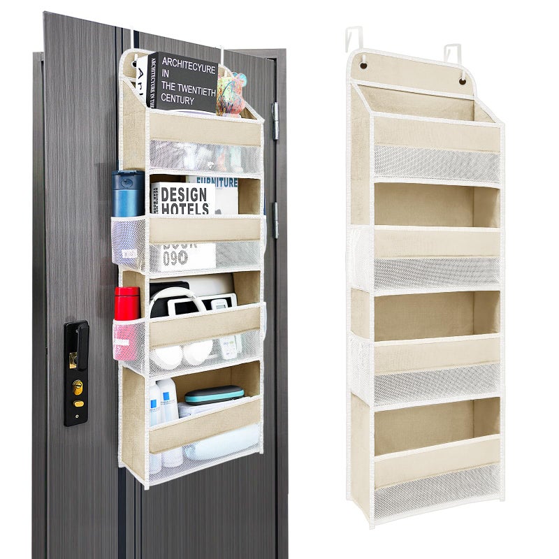 Andahoom Over The Door Organizer with 4 Side Mesh Pockets, 4 Shelf Capacity Hanging Behind The Door Kitchen Organizers and Storage Suitable for Storing Toys, Shoes, Towels, Lvoy White, 4 Shelf - Image 1