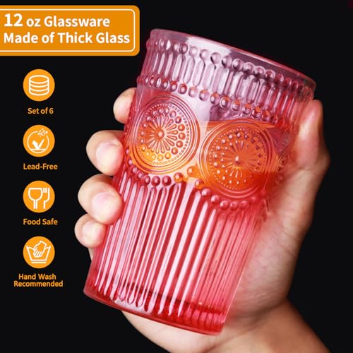 Loivttvv 6pcs Vintage Drinking Glasses Set 12 oz Pink Highball Glasses Embossed Ribbed Glassware Cups for Cocktail Water Juice Coffee Whiskey - Image 3
