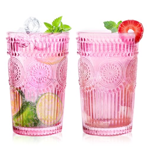 Loivttvv 6pcs Vintage Drinking Glasses Set 12 oz Pink Highball Glasses Embossed Ribbed Glassware Cups for Cocktail Water Juice Coffee Whiskey - Image 1