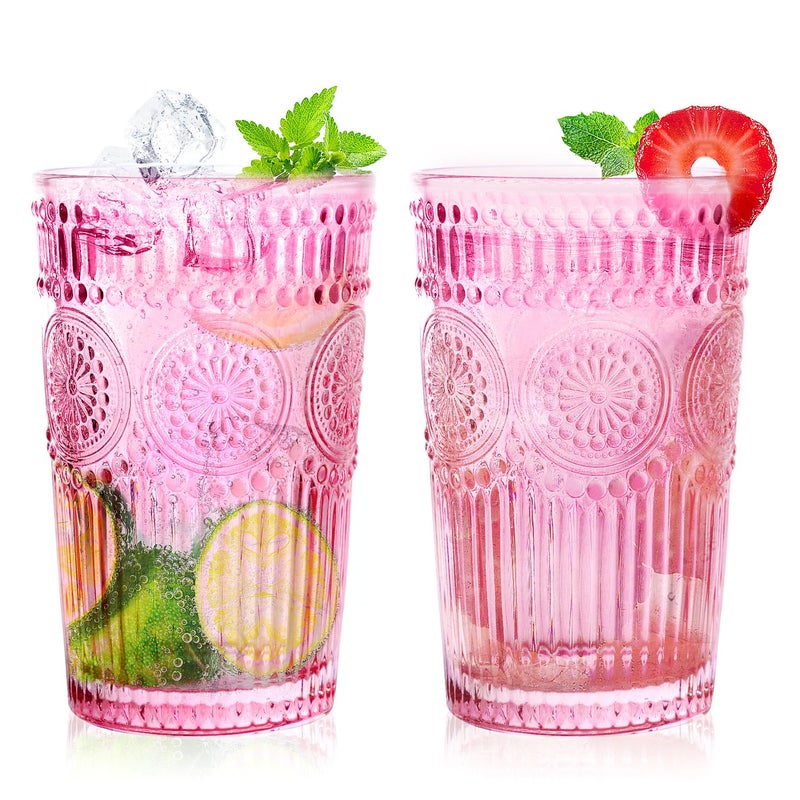 Loivttvv 6pcs Vintage Drinking Glasses Set 12 oz Pink Highball Glasses Embossed Ribbed Glassware Cups for Cocktail Water Juice Coffee Whiskey - Image 2