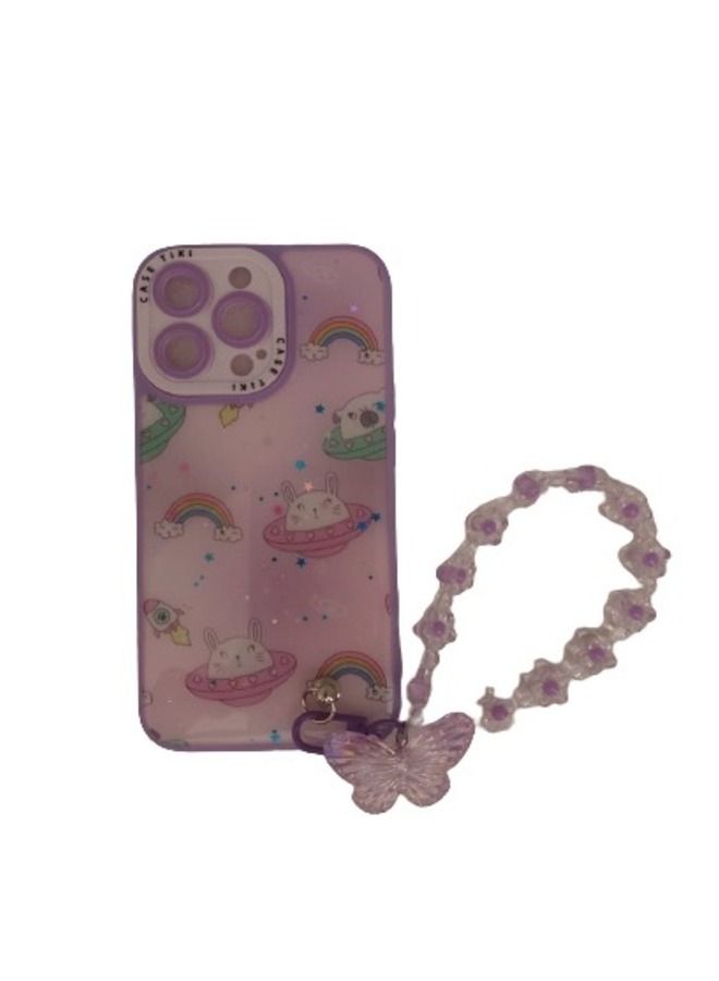 Tiki Case For iPhone 13 Pro With Cartoon Print and With Butterfly Strap Purple Colour - Image 2