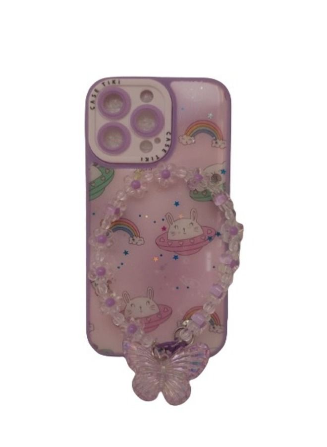Tiki Case For iPhone 13 Pro With Cartoon Print and With Butterfly Strap Purple Colour - Image 1