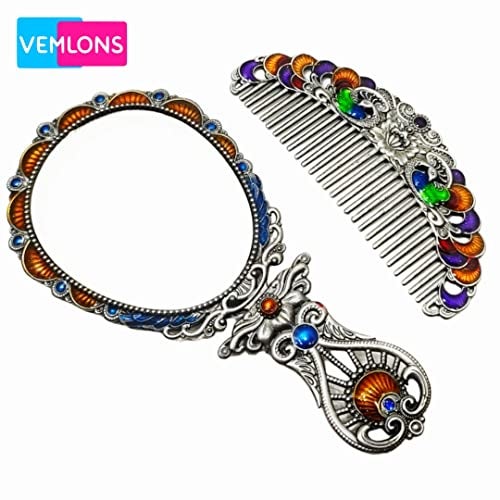 Vemlons Oval Comb And Mirror, Makeup Mirror Metal Hand Mirror & Comb Antique Combs & Mirror Set For Women & Girls (Multicolor) - Image 2