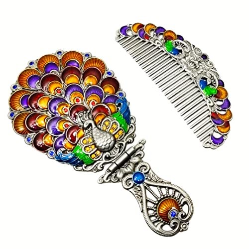 Vemlons Oval Comb And Mirror, Makeup Mirror Metal Hand Mirror & Comb Antique Combs & Mirror Set For Women & Girls (Multicolor) - Image 1