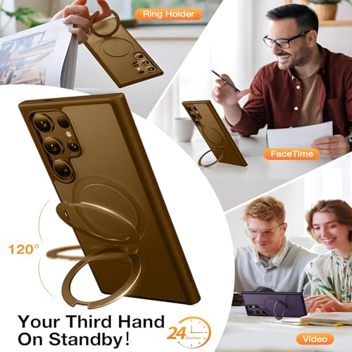 AIBEX Back Cover Compatible for Samsung S23 Ultra with OStand Ring Kickstand| Mag-Saf Compatible Magnetic Metal Alloy Ring| Wireless Charging| Shockproof Protective Case - Brown - Image 5