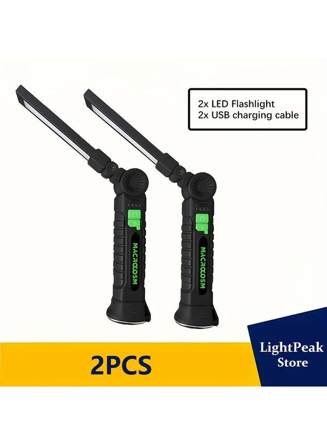 2pcs Bright Handheld LED Flashlight USB Rechargeable Foldable Work Light 4 Modes COB Torch with Tail Magnet Hook for Camping Emergency - Image 1