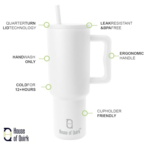House of Quirk 1200ML Stainless Steel Tumbler with Handle & Lid, 2 Straws – Large Travel Mug Water Cup for Gym, Office & Outdoor Use (Coconut Cloud) - Image 2