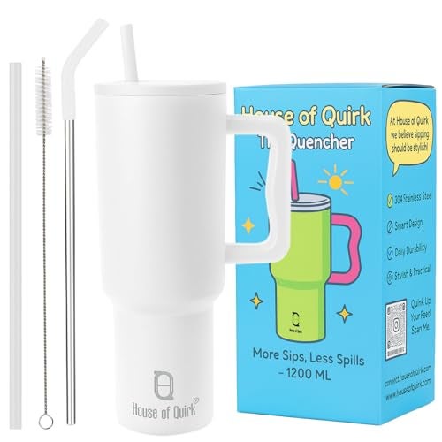 House of Quirk 1200ML Stainless Steel Tumbler with Handle & Lid, 2 Straws – Large Travel Mug Water Cup for Gym, Office & Outdoor Use (Coconut Cloud) - Image 1