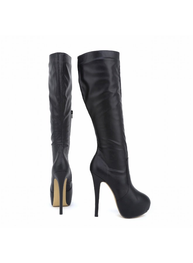 Loquat Faux leather ultra-high heel leg-slimming round-toe knee-high women's boots Heel height: 14cm, platform height: 4cm Black  - Image 3
