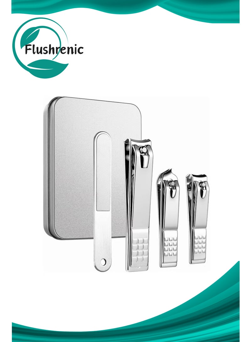 Flushrenic 4PCS Professional Nail Clippers Set,Toenail Clippers and Fingernails and Nail File,Silver Nail Cutter, Best Travel or Home use for Men and Women - Image 1