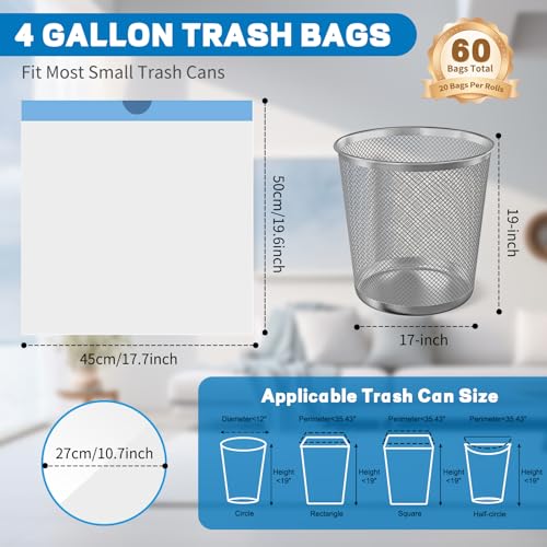 BODFPPC 4 Gallon Trash Bags Drawstring Small Trash Bags TearFree 4 Gal Unscented White Small Garbage Bags Separated Thick Plastic Wastebasket Liners for Toilet Home Office and Bedroom 60 Count - Image 5