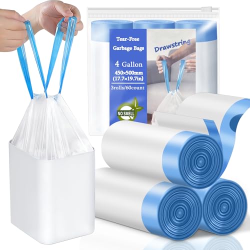 BODFPPC 4 Gallon Trash Bags Drawstring Small Trash Bags TearFree 4 Gal Unscented White Small Garbage Bags Separated Thick Plastic Wastebasket Liners for Toilet Home Office and Bedroom 60 Count - Image 2