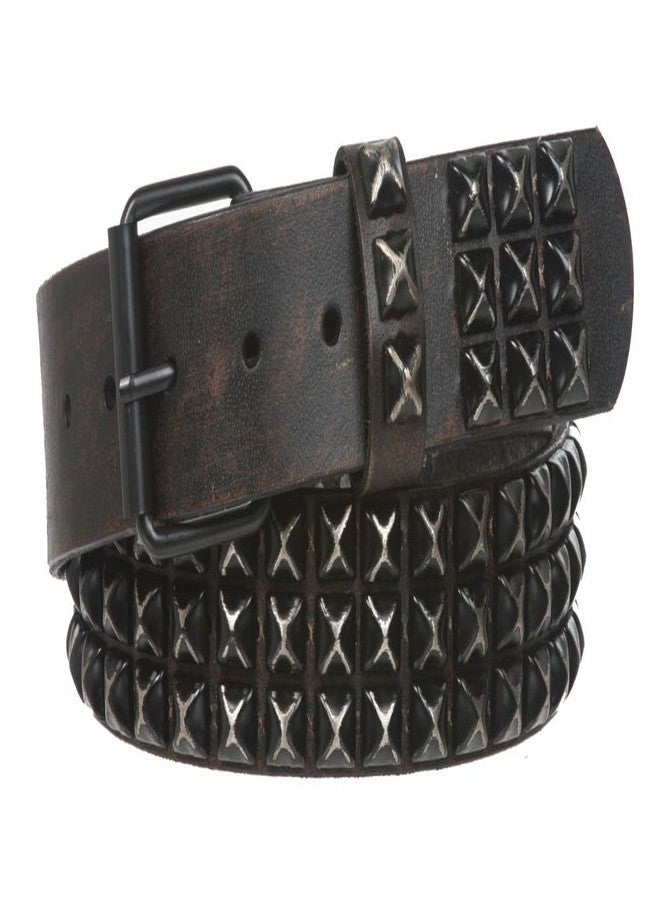 Beltiscool Snap On 1 3/4" Three Row Punk Rock Star Distressed Black Studded Leather Belt, 36" - Image 1