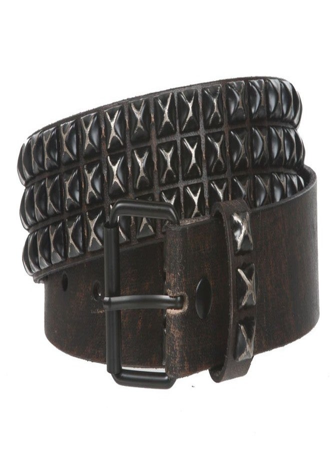 Beltiscool Snap On 1 3/4" Three Row Punk Rock Star Distressed Black Studded Leather Belt, 36" - Image 2