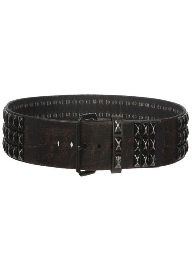 Beltiscool Snap On 1 3/4" Three Row Punk Rock Star Distressed Black Studded Leather Belt, 36" - Image 3