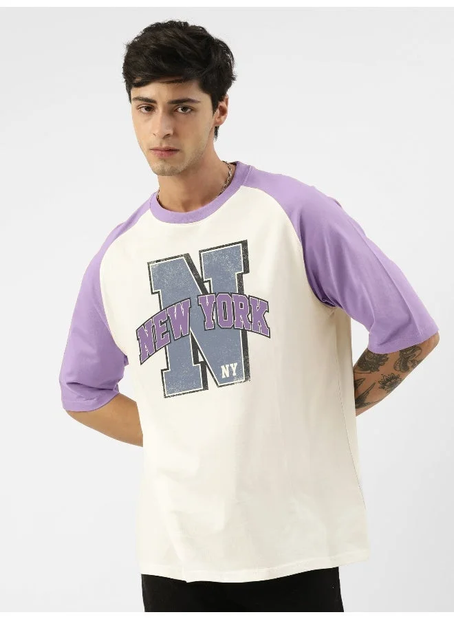 مانياك Maniac Mens Printed Round Neck Raglan Half Sleeve White and Lavender Cotton Oversized Tshirt