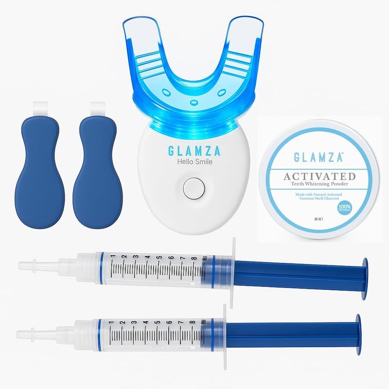 Glamza مجموعة جلمازا النهائية لتبييض الأسنان تشمل صينية تبييض الأسنان x2 10 مل جل شرائط تبييض الأسنان مسحوق تبييض الأسنان بالفحم النشط - Image 1