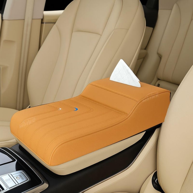 MUTURQ Car Armrest Cushion, Comfortable Car Armrest with Premium Leather Cushion and Tissue Box - Suitable for All Cars, Car Armrest Cushion for Interior Comfort and Luxury (Brown) - Image 1