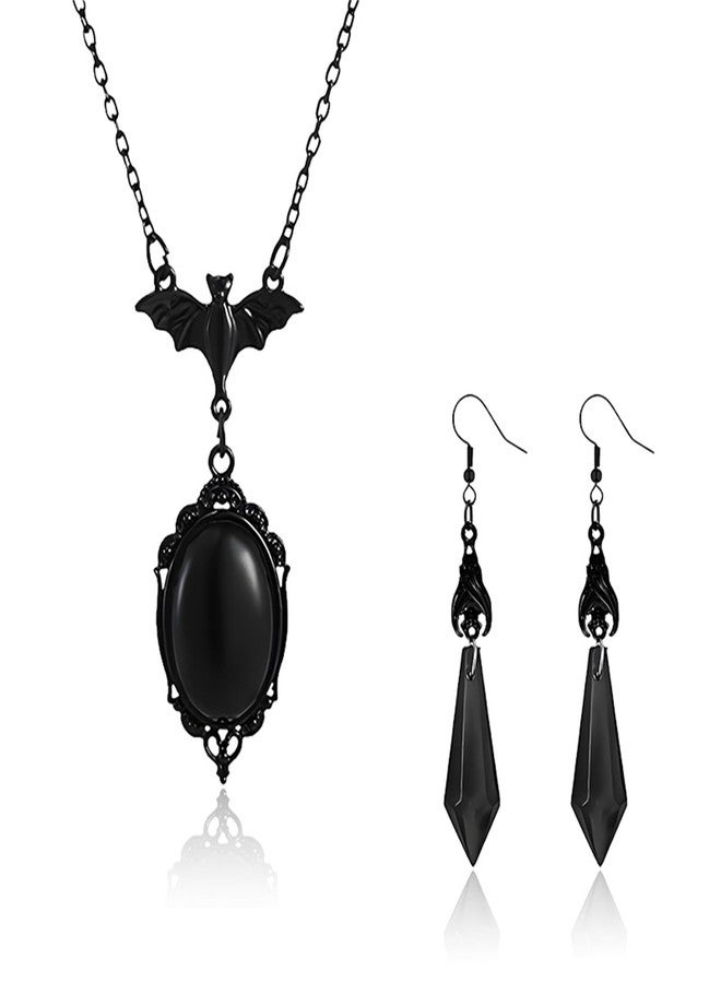 RLHRNDE Gothic Bat Glass Necklace Earrings Set for Women Vintage Punk Vampire Bat Pendant Necklace Blood Red Crystal Earrings Halloween Cosplay Mystic Witch Jewelry Set (Black) - Image 1