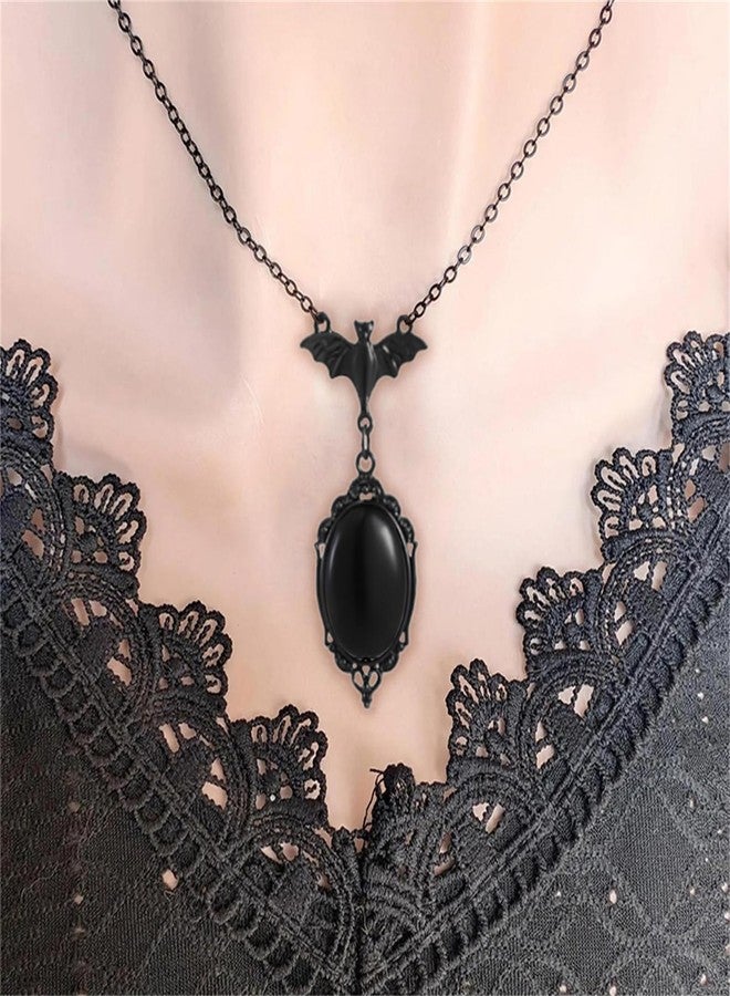 RLHRNDE Gothic Bat Glass Necklace Earrings Set for Women Vintage Punk Vampire Bat Pendant Necklace Blood Red Crystal Earrings Halloween Cosplay Mystic Witch Jewelry Set (Black) - Image 2