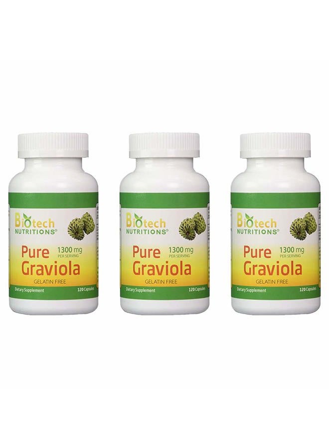 Biotech Nutritions Graviola 100% Pure Graviola 1300mg Per Servings - 120 Capsules Per Bottle (Annona muricata) | 3-Pack