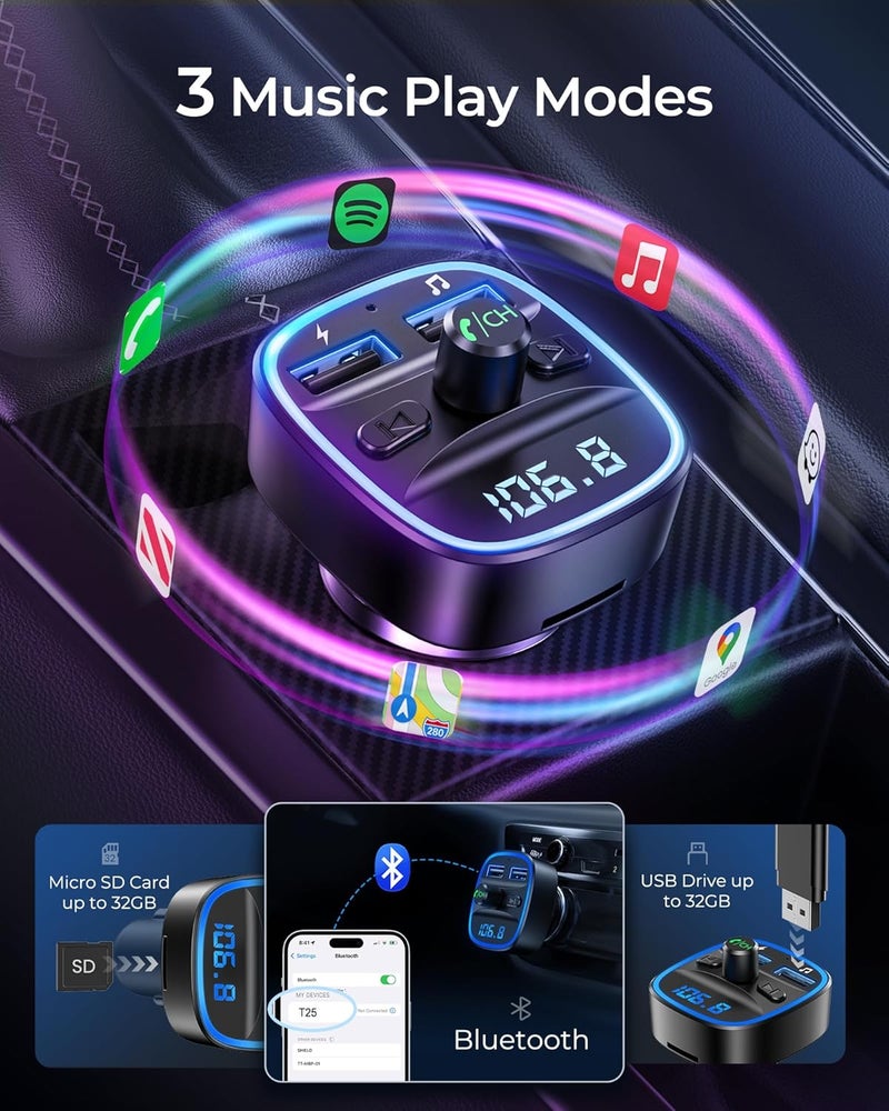 Lencent FM Transmitter, Bluetooth FM Transmitter Wireless Radio Adapter Car Kit with Dual USB Charging, Audio Receiver Car Charger MP3 Player, Support Hands-Free Calling, TF Card & USB Disk - Image 4