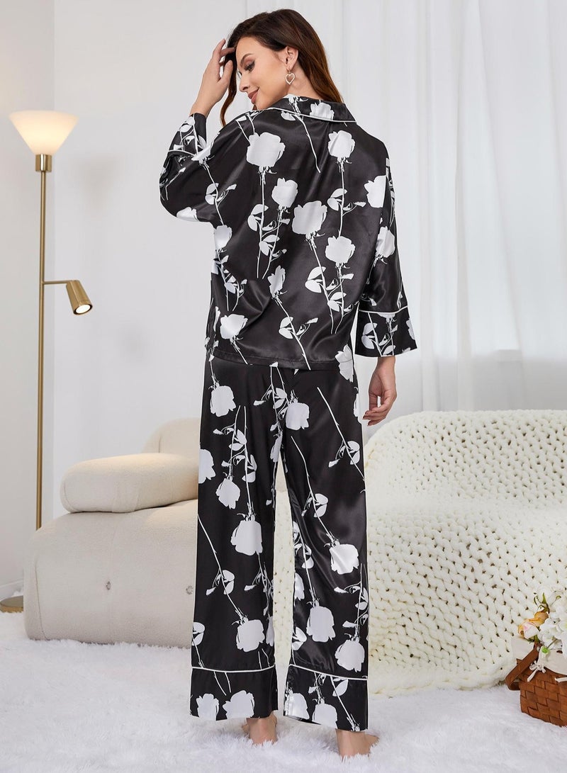 Loquat Women's Printed 2-Piece Set Pajamas Long Sleeve Lapel Top And Pants Soft Loungewear Nightgown Suit Leisure Wear Black/White  - Image 3