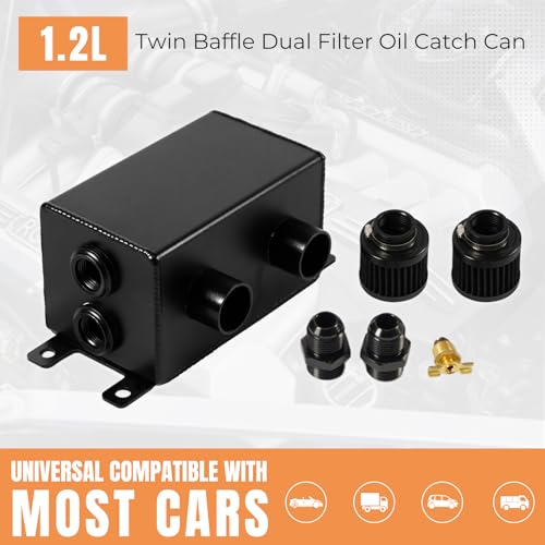 BHB 1.2L Universal Aluminum AN10 Twin Baffle Dual Filter Engine Oil Catch Can Tank With 2 Air Filters Oil Catch Reservoir Tank Can Breather Kit Black - Image 4