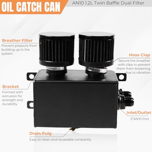 BHB 1.2L Universal Aluminum AN10 Twin Baffle Dual Filter Engine Oil Catch Can Tank With 2 Air Filters Oil Catch Reservoir Tank Can Breather Kit Black - Image 3