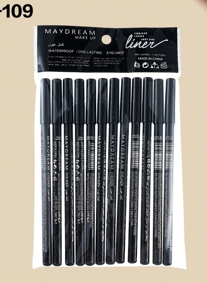 مي دريم 12 قطع قلم كحل لتحديد العيون ناعم ومضاد للماء أسود
