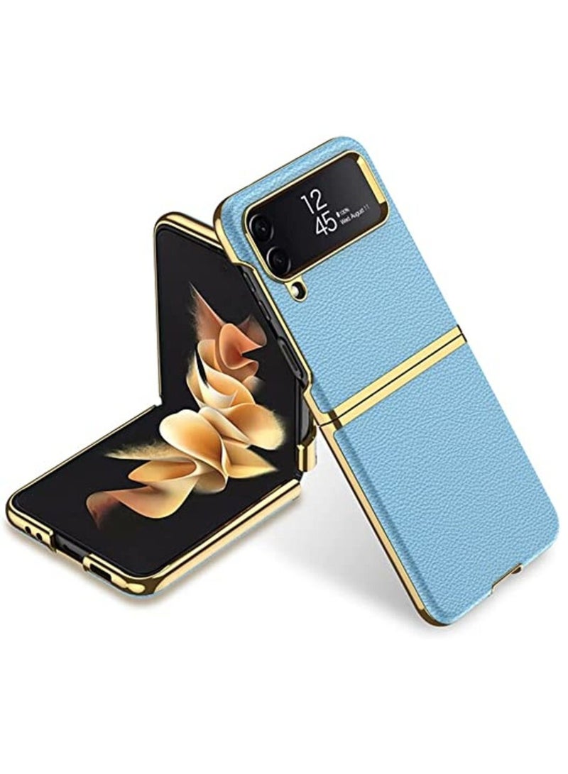 جولدن ماسك قناع ذهبي لموبايل سامسونج Z فليب 4 رفيع للغاية من الجلد بعدسات معدنية ذهبية - (ازرق)
