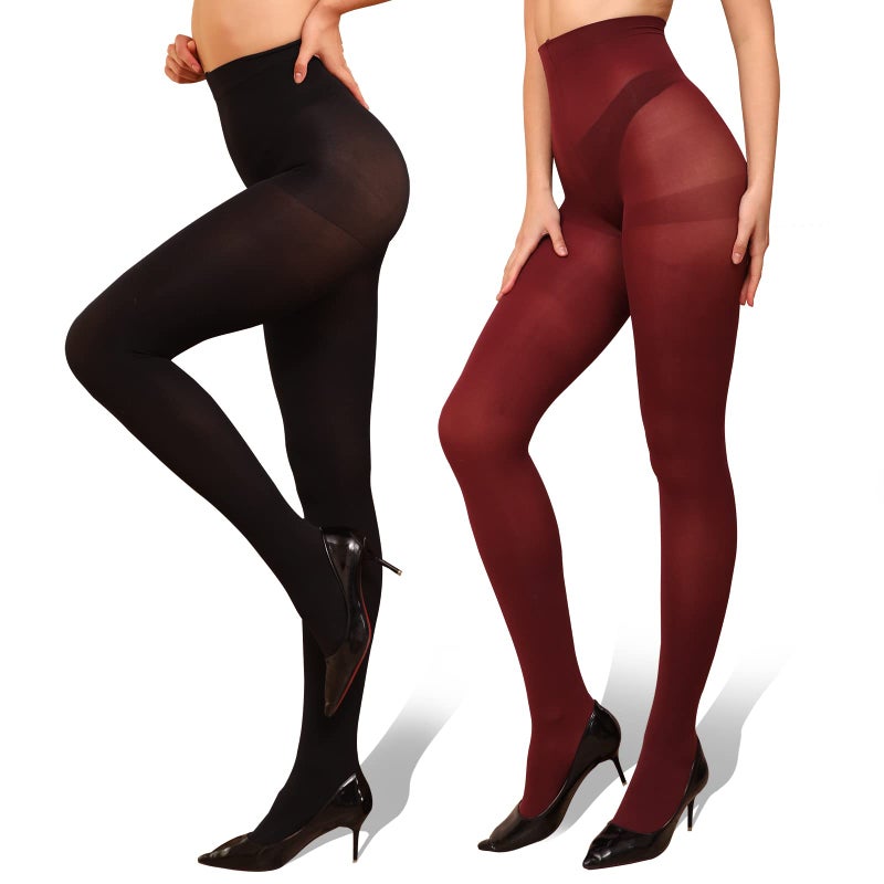 WAKUNA 2 Pairs Pantyhose Opaque Tights 40D Resistant Control Topï¼ˆBlack+Wine red,Medium - Image 1