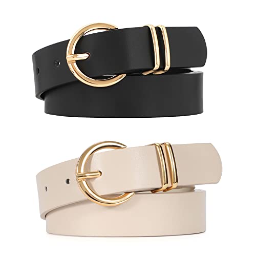 VONMELLI 2 Pack Women's Leather Belts for Jeans Pants Fashion Gold Buckle Ladies Belt light beige - Image 1