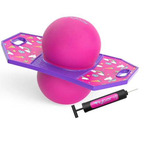 Flybar Pogo Trick Ball for Kids Trick Bounce Board for Boys and Girls Ages 6 Up to 160 lbs Includes Pump Easy to Carry Handle Durable Plastic Deck Indoor Outdoor Toy Pogo Jumper Unicorn - Image 1
