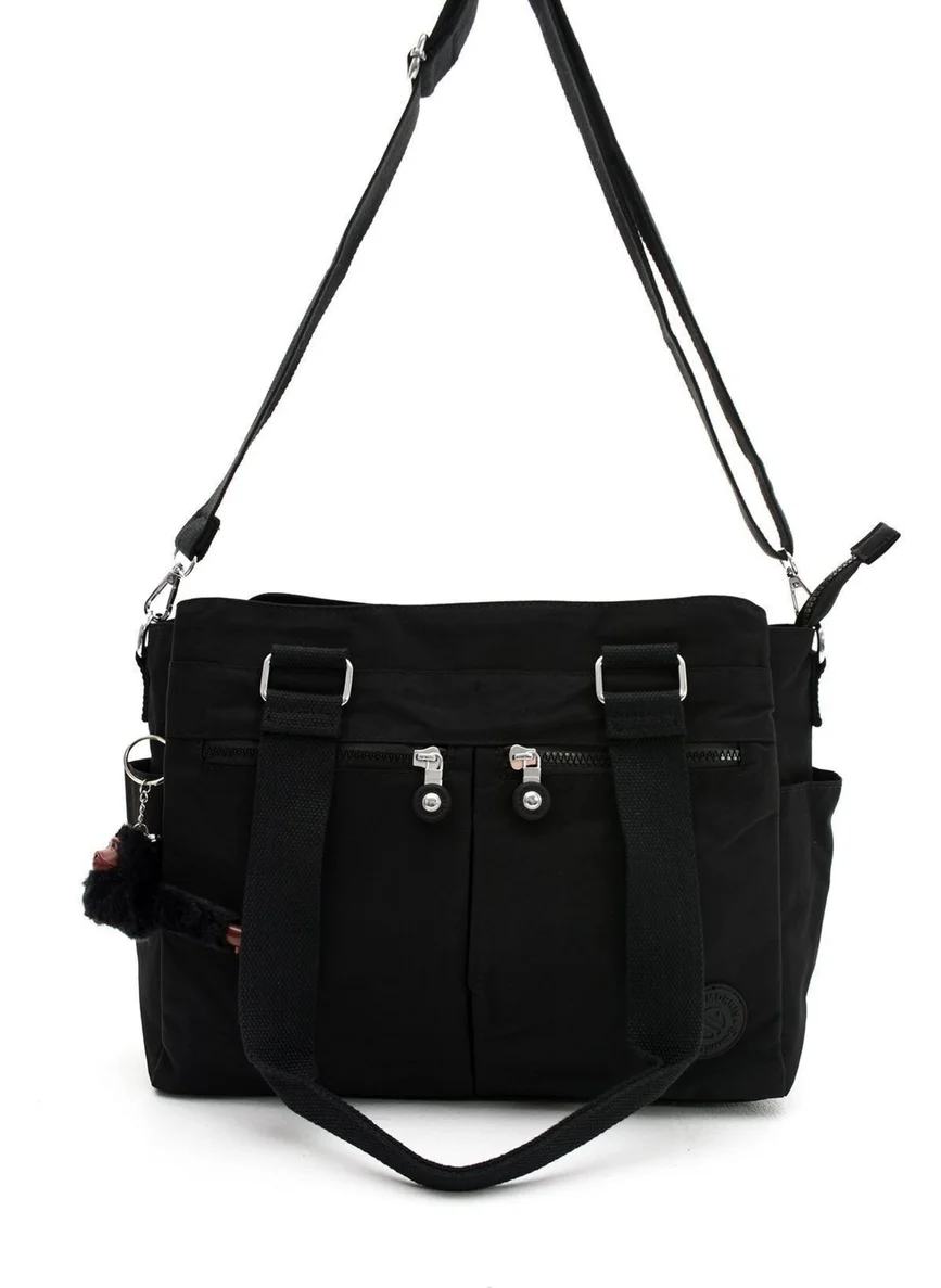 سانموريس Women's Large Size Black Colored Compartmented Water-Resistant Crinkle Fabric Crossbody and Shoulder Strap Bag