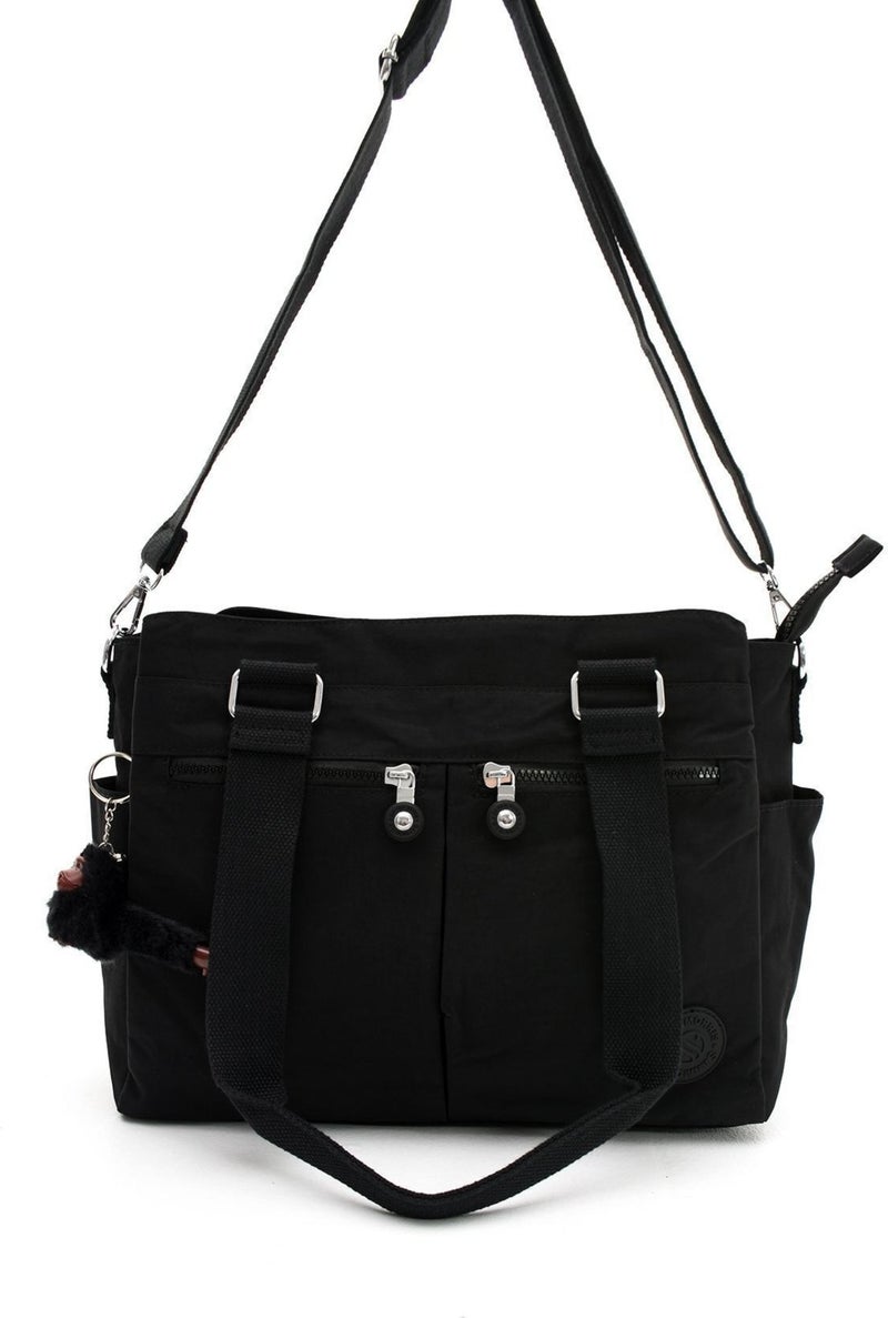 Sanmorris Women's Large Size Black Colored Compartmented Water-Resistant Crinkle Fabric Crossbody and Shoulder Strap Bag  - Image 1