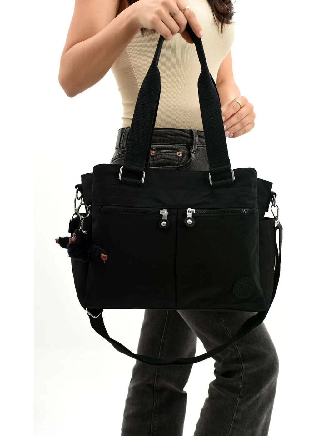 سانموريس Women's Large Size Black Colored Compartmented Water-Resistant Crinkle Fabric Crossbody and Shoulder Strap Bag