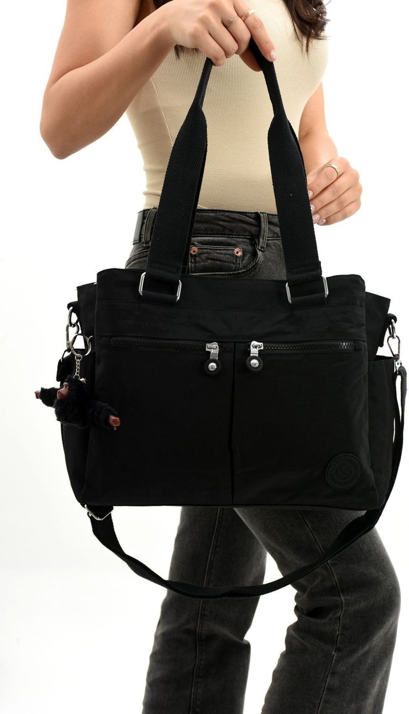 Sanmorris Women's Large Size Black Colored Compartmented Water-Resistant Crinkle Fabric Crossbody and Shoulder Strap Bag  - Image 2