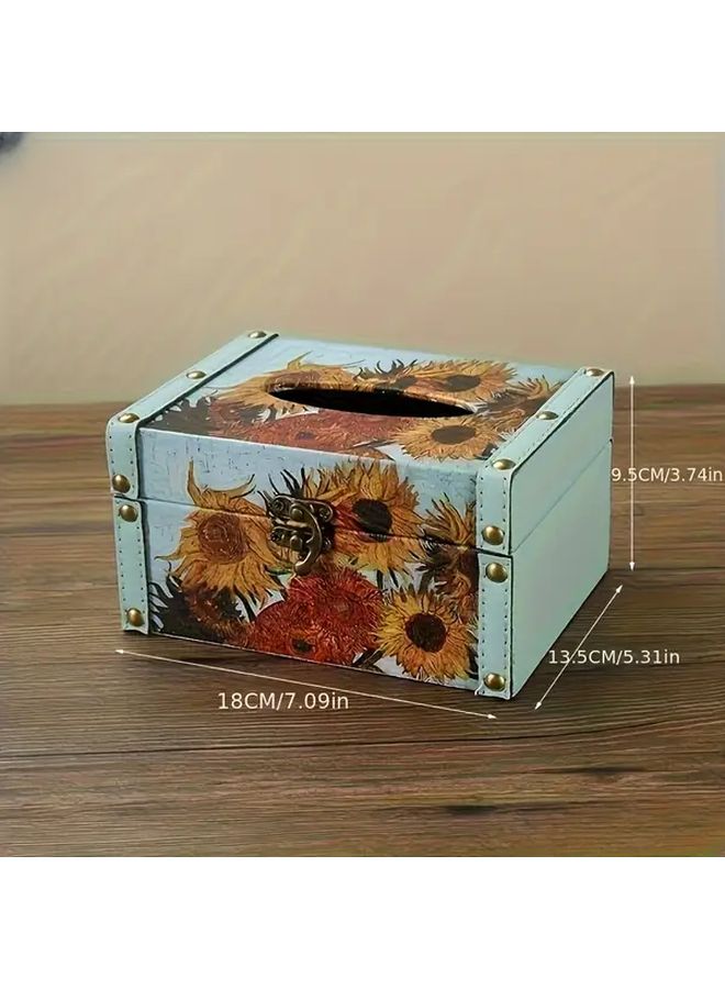 Premium Faux Leather Tissue Box Cover Vintage Oil Painting Sunflower Design Multi Functional Home Car Decor - Image 1