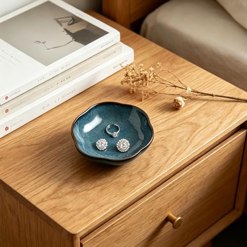 zerokyclan Blue Ceramic Jewelry Tray - 3.5" Vintage Floral Ring Holder Dish & Trinket Bowl for Vanity Decor, Glossy Porcelain Bathroom Sink Accent, Unique Gift Idea for Women (blue) - Image 3
