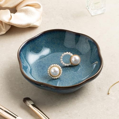 zerokyclan Blue Ceramic Jewelry Tray - 3.5" Vintage Floral Ring Holder Dish & Trinket Bowl for Vanity Decor, Glossy Porcelain Bathroom Sink Accent, Unique Gift Idea for Women (blue) - Image 1