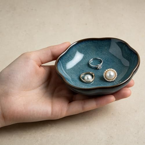 zerokyclan Blue Ceramic Jewelry Tray - 3.5" Vintage Floral Ring Holder Dish & Trinket Bowl for Vanity Decor, Glossy Porcelain Bathroom Sink Accent, Unique Gift Idea for Women (blue) - Image 5
